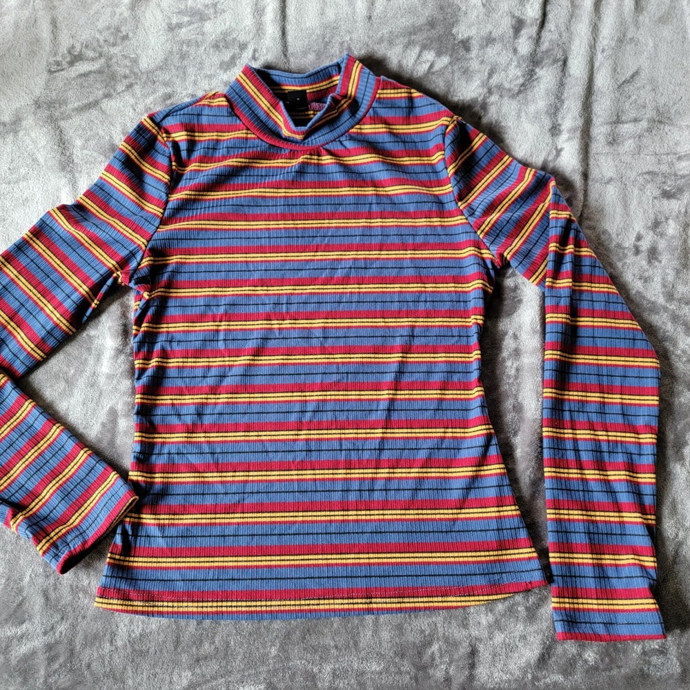 Mock Neck Top Womens Medium Blue Striped Excellent Ribbed Long Sleeve 758